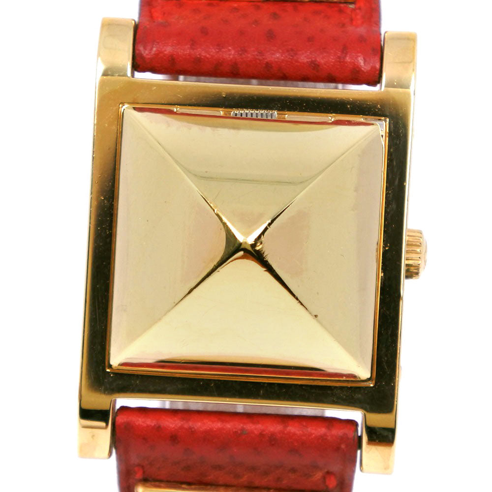 HERMES Watches Quartz Plated Gold , Leather Red/gold Medor White dial Women