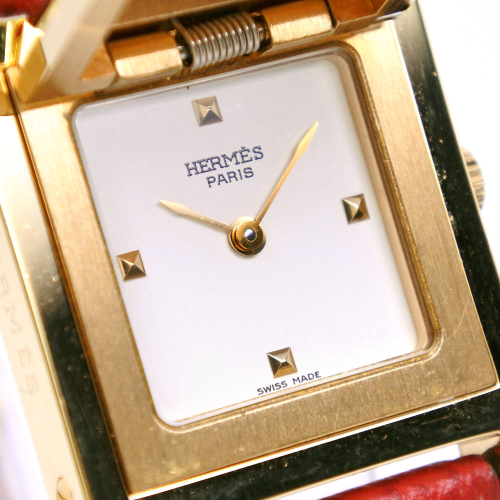 HERMES Watches Quartz Plated Gold , Leather Red/gold Medor White dial Women