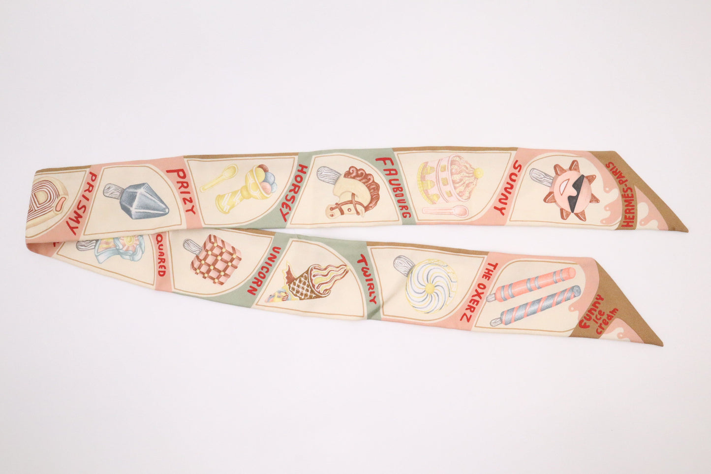 Hermes 'Funny Ice Cream' Twilly in Beige Silk