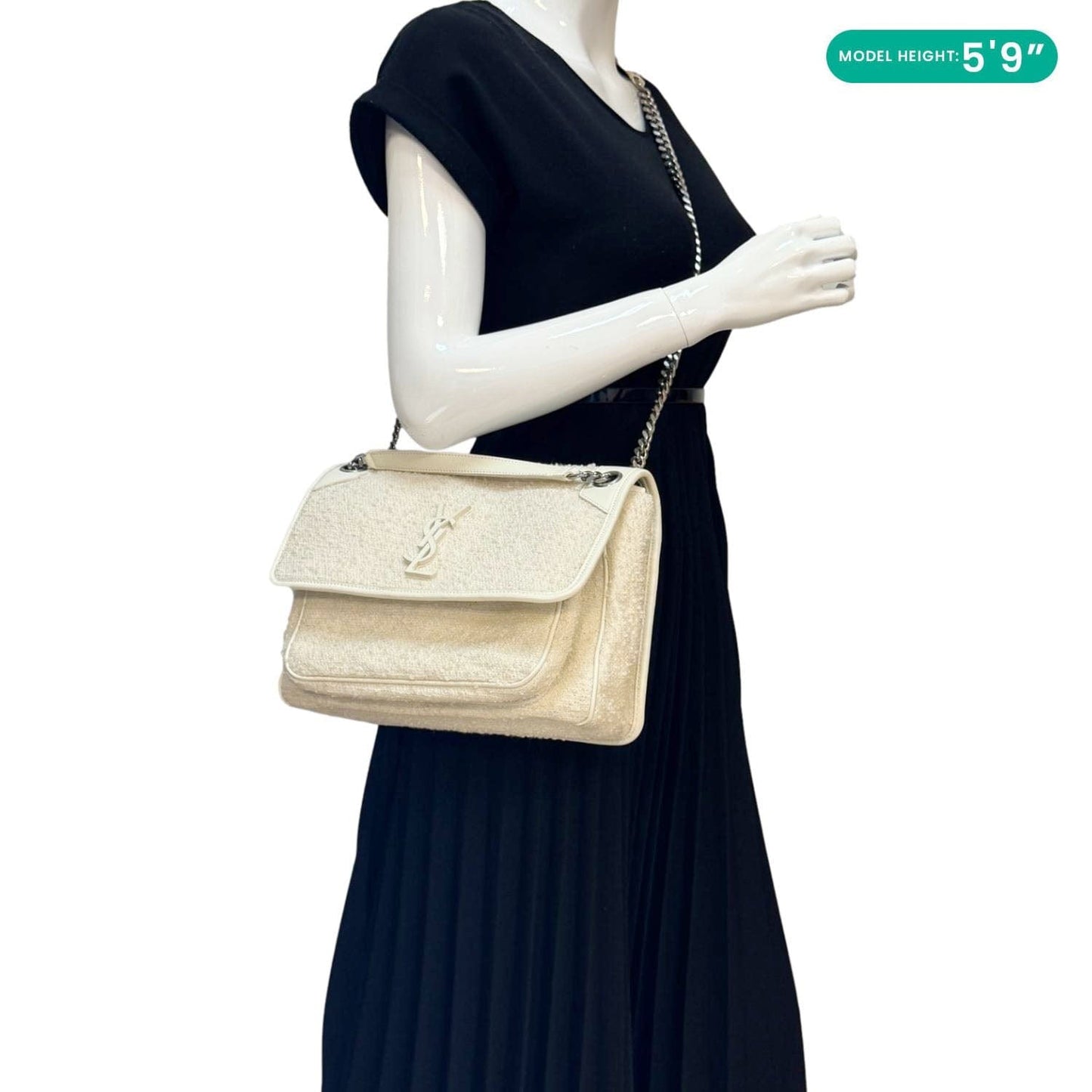 YVES SAINT LAURENT Niki Tweed Chain Crossbody Bag White