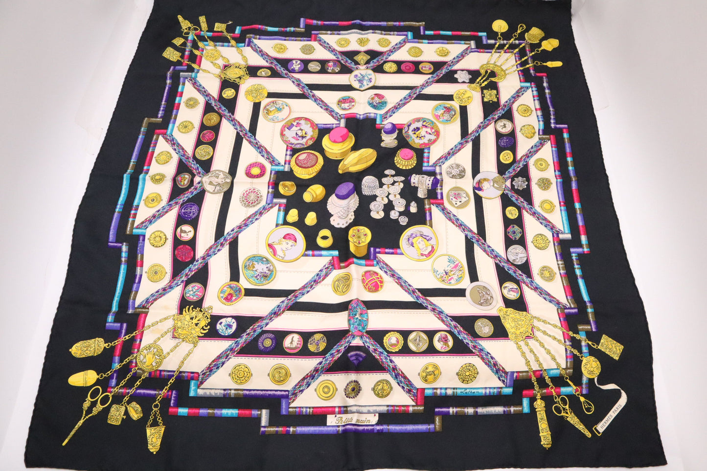 Hermes Carre 90 "Petite Main" in Black Multicolor Silk