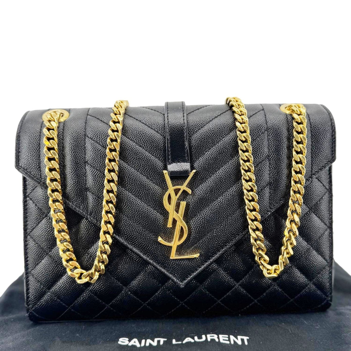 YVES SAINT LAURENT Envelope Flap Quilted Caviar Leather Chain Shoulder Bag Black