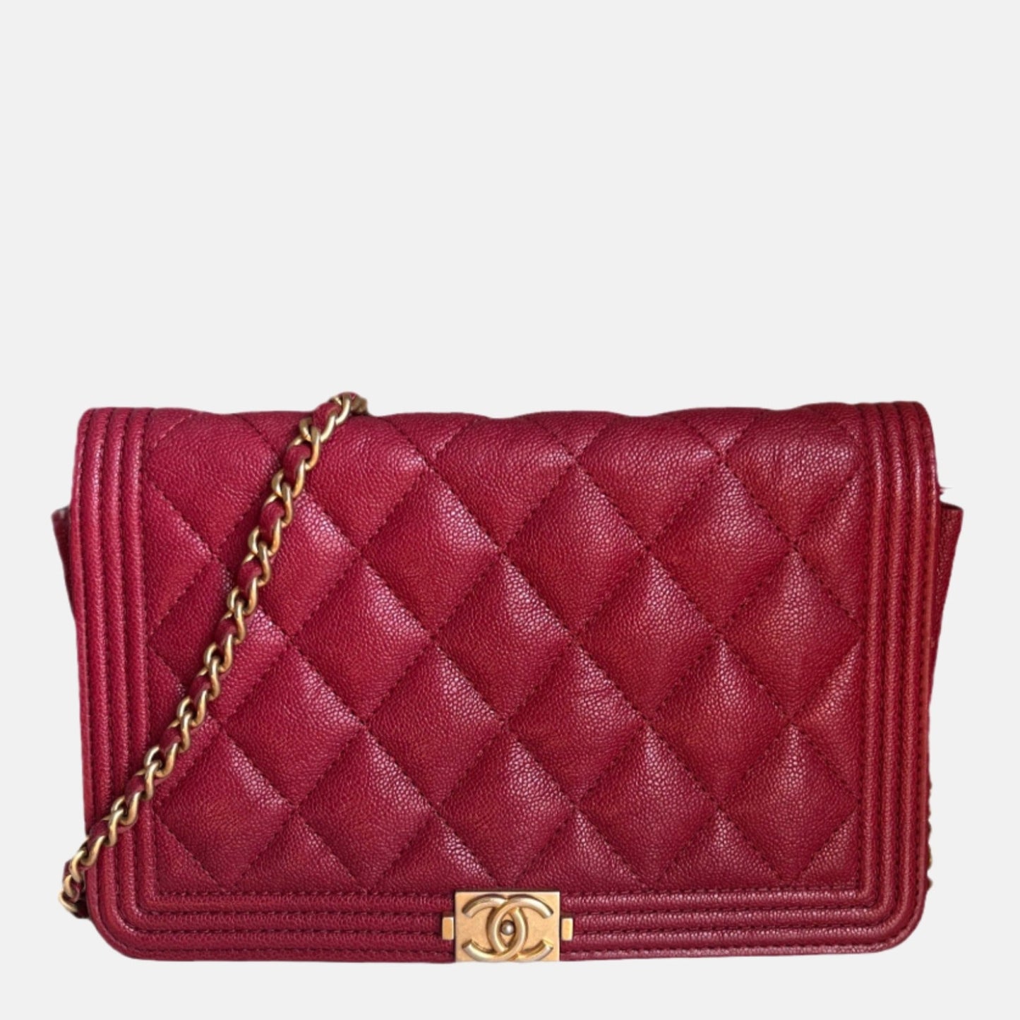 Chanel Wallet on Chain WOC Boy Red Caviar Leather with Antiqued Gold Hardware