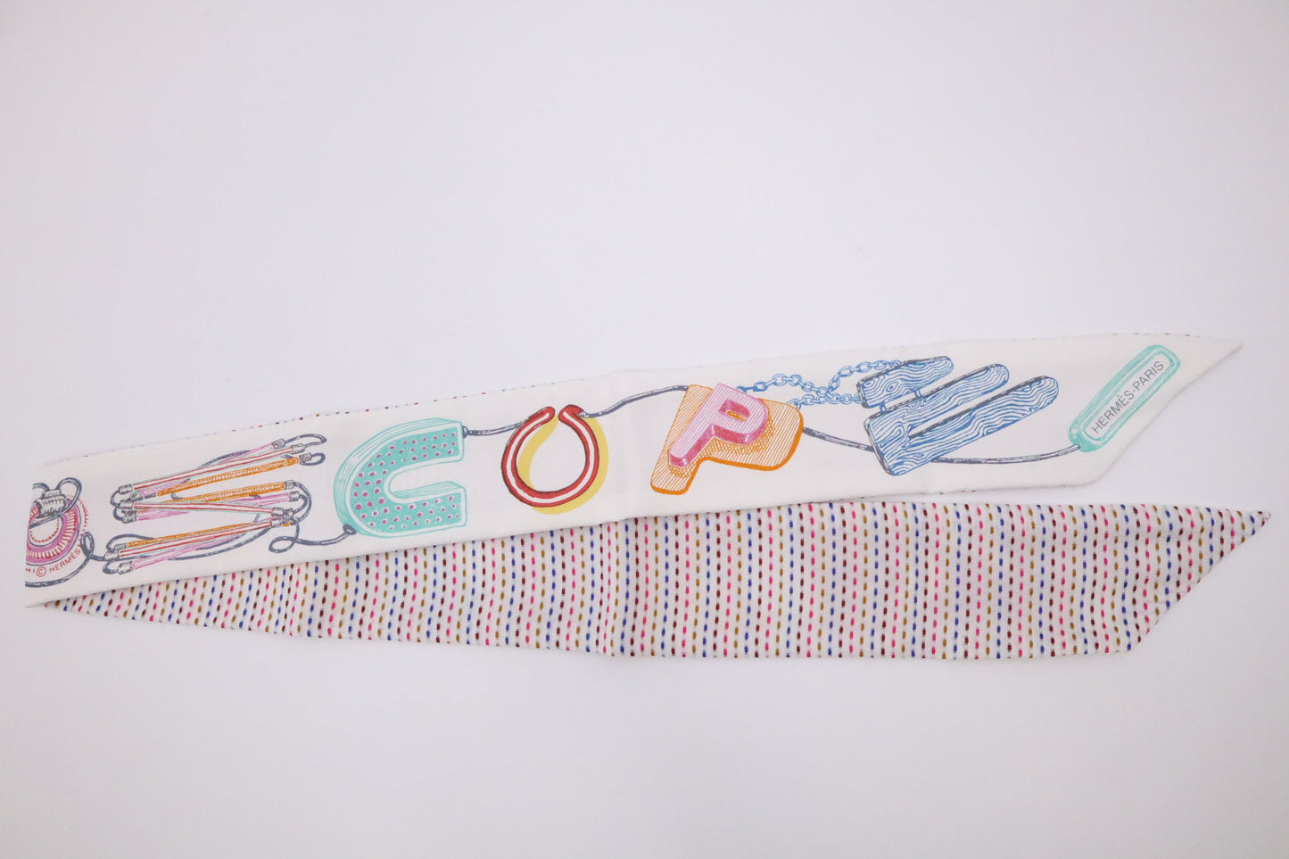 Hermes 'Chevaloscope Pointille' Twilly in White Multicolor Silk