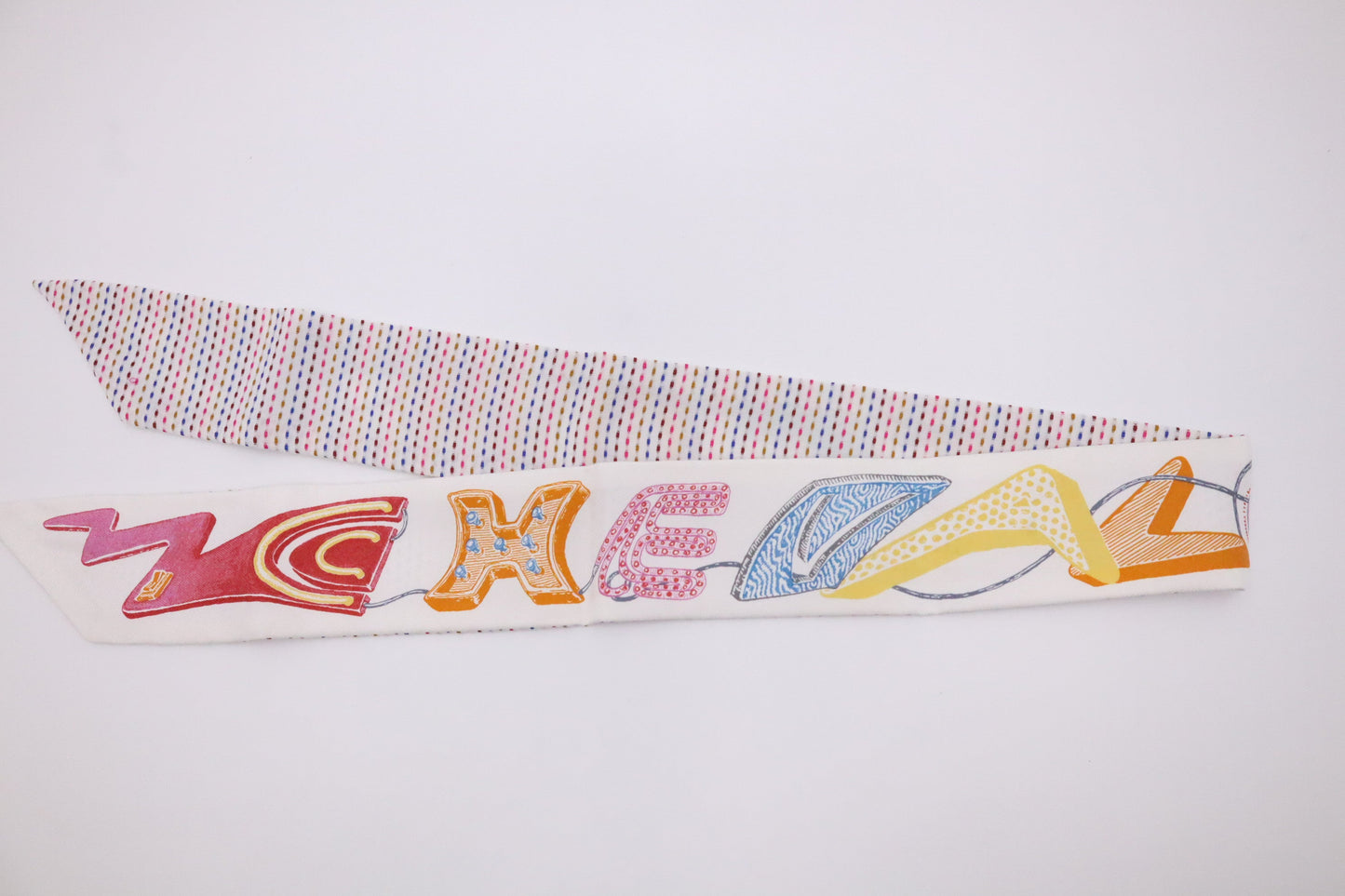 Hermes 'Chevaloscope Pointille' Twilly in White Multicolor Silk