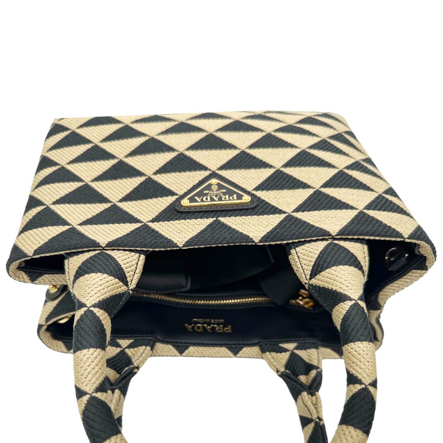 PRADA Symbole Embroidered Canvas Tote Bag Beige