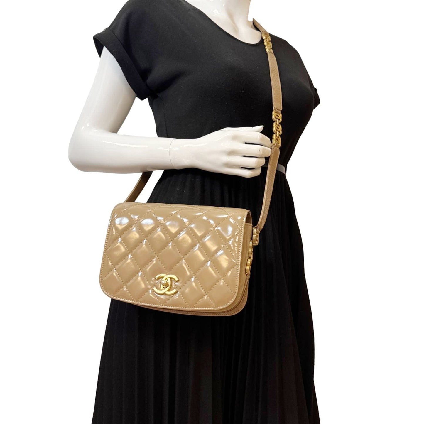 CHANEL My Sweet CC Shiny Quilted Calfskin Leather Shoulder Bag Beige