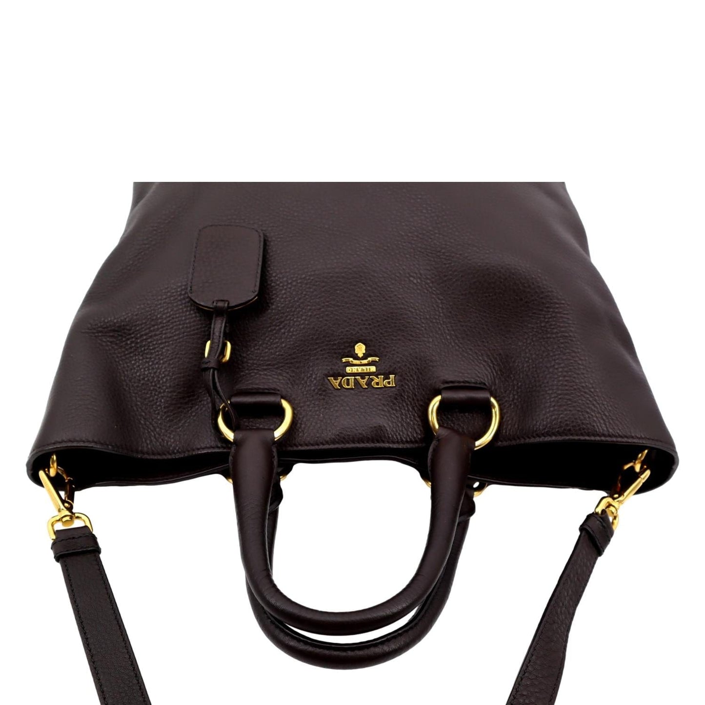 PRADA Vitello Daino Leather Tote Shoulder Bag Dark Brown