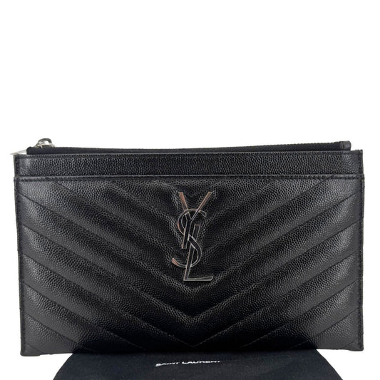 YVES SAINT LAURENT Monogram Bill Grain De Poudre Chevron Leather Zip Pouch Black