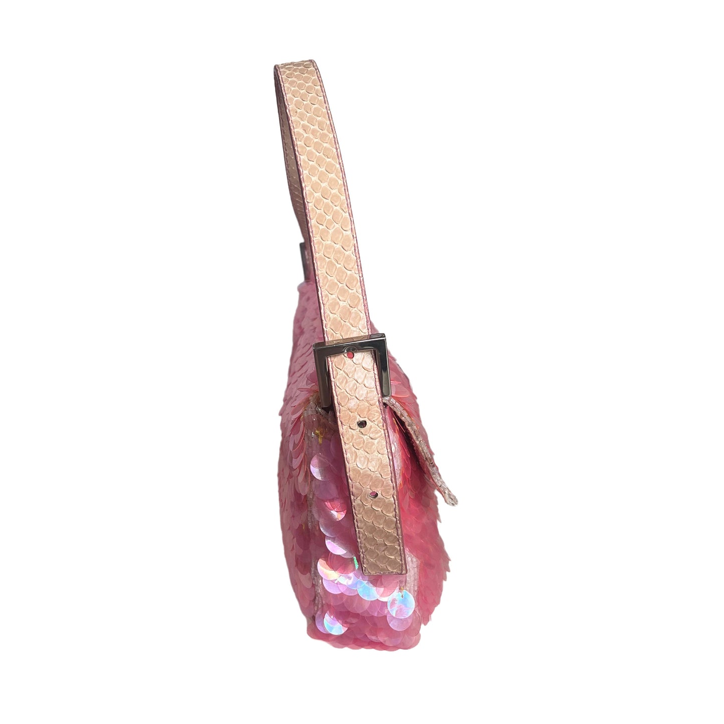 Fendi Baguette Pink Translucent Circular Sequins with Python-skin Leather Strap
