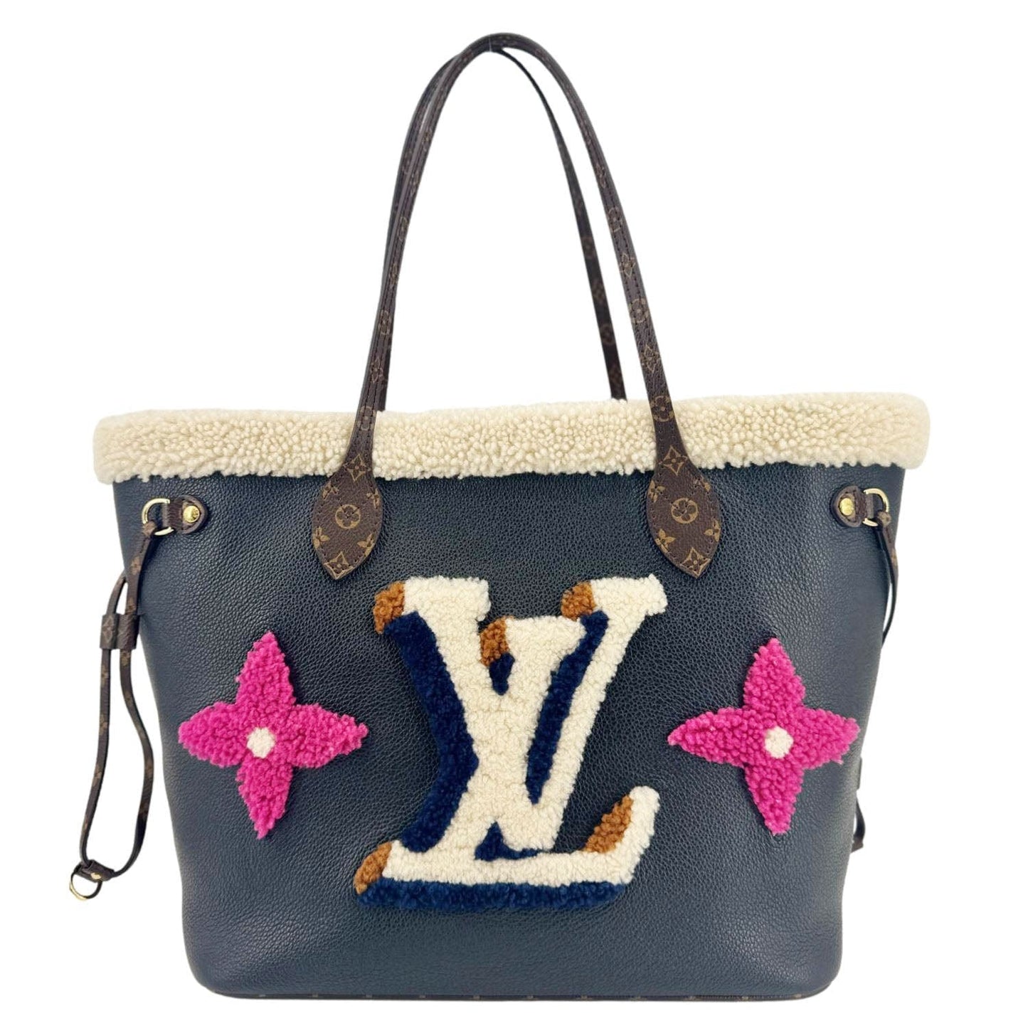 LOUIS VUITTON Neverfull MM Monogram Teddy Shearling Shoulder Bag Black
