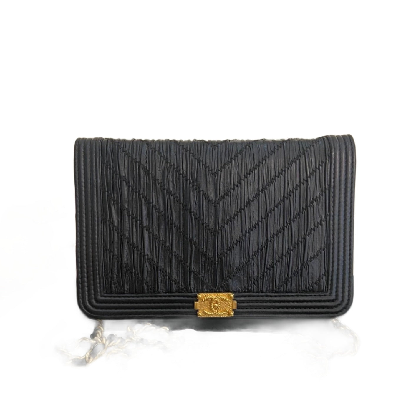 Chanel Wallet on Chain WOC Boy Black Calfskin Leather Chevron Wrinkled Effect