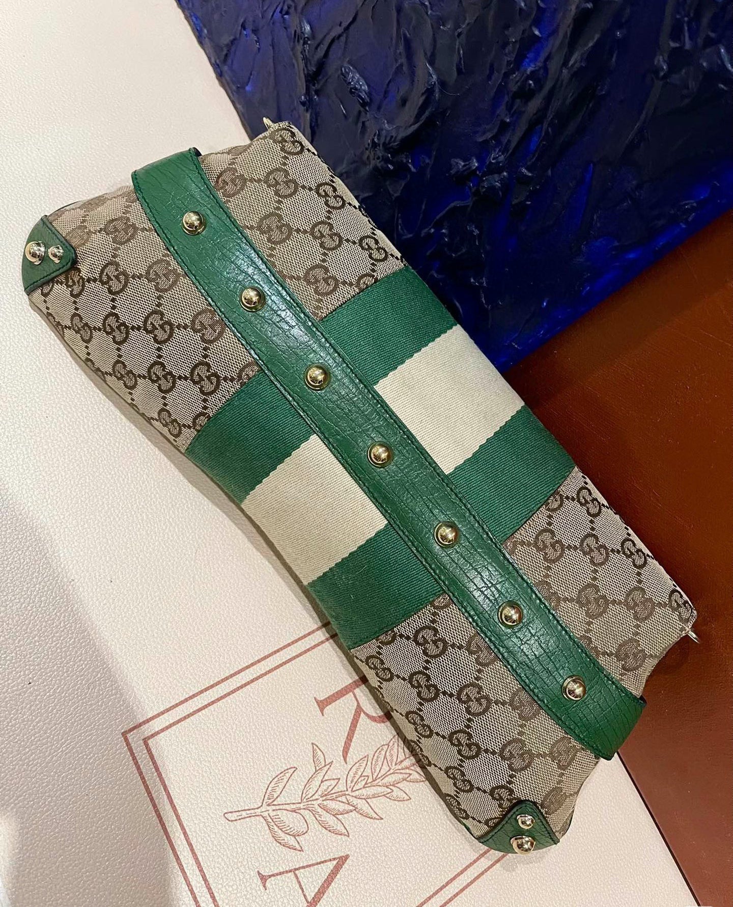 Iconic Gucci Horsebit 1955 Chain Cloth Gucci Monogram Green Leather and Gold Studs