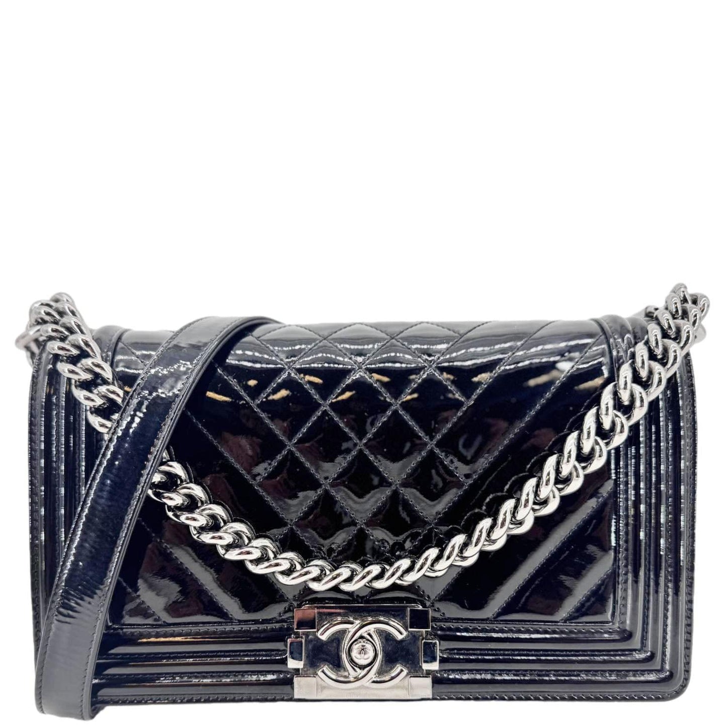 CHANEL Boy Flap Medium Chevron Patent Leather Crossbody Bag Black