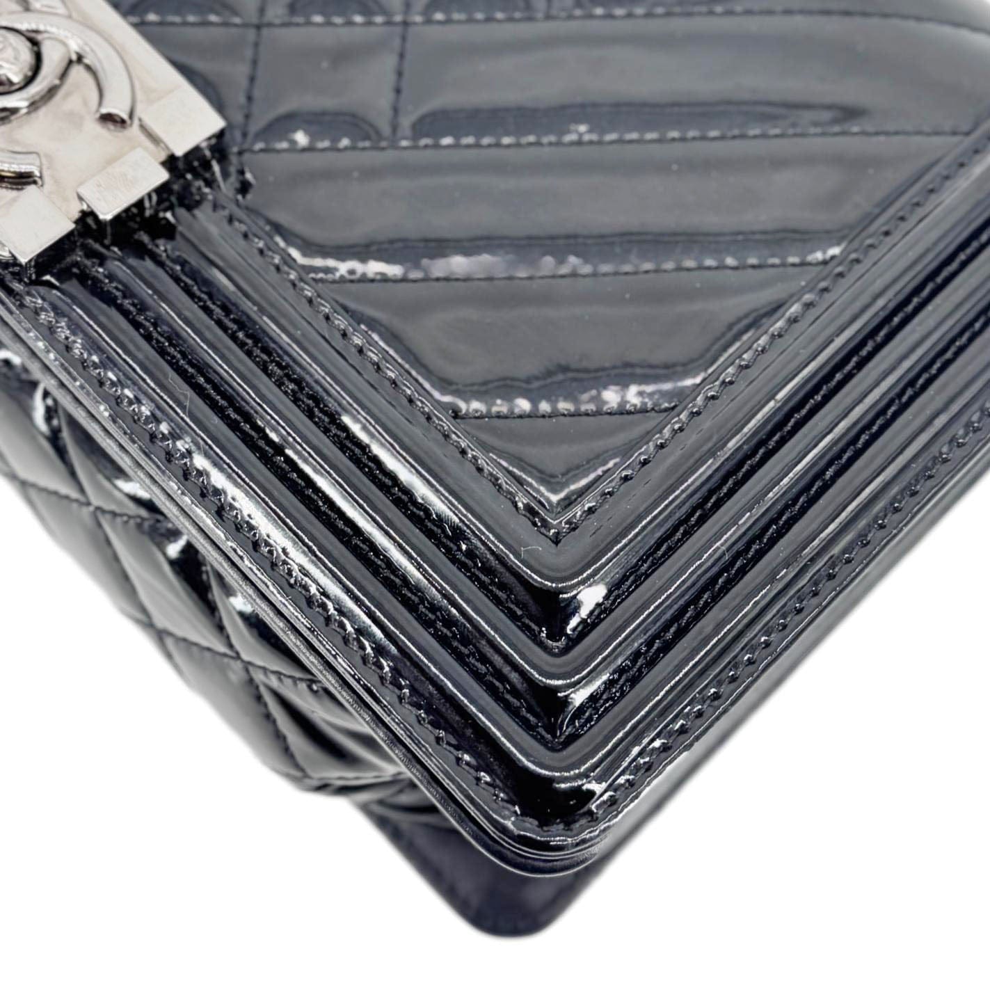 CHANEL Boy Flap Medium Chevron Patent Leather Crossbody Bag Black