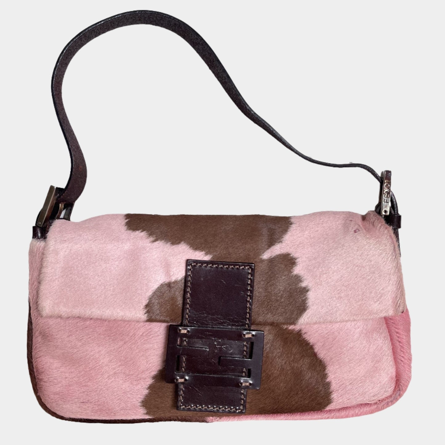 Fendi Baguette Pony-style Calfskin Leather Shoulder Bag in Pink Cow Print