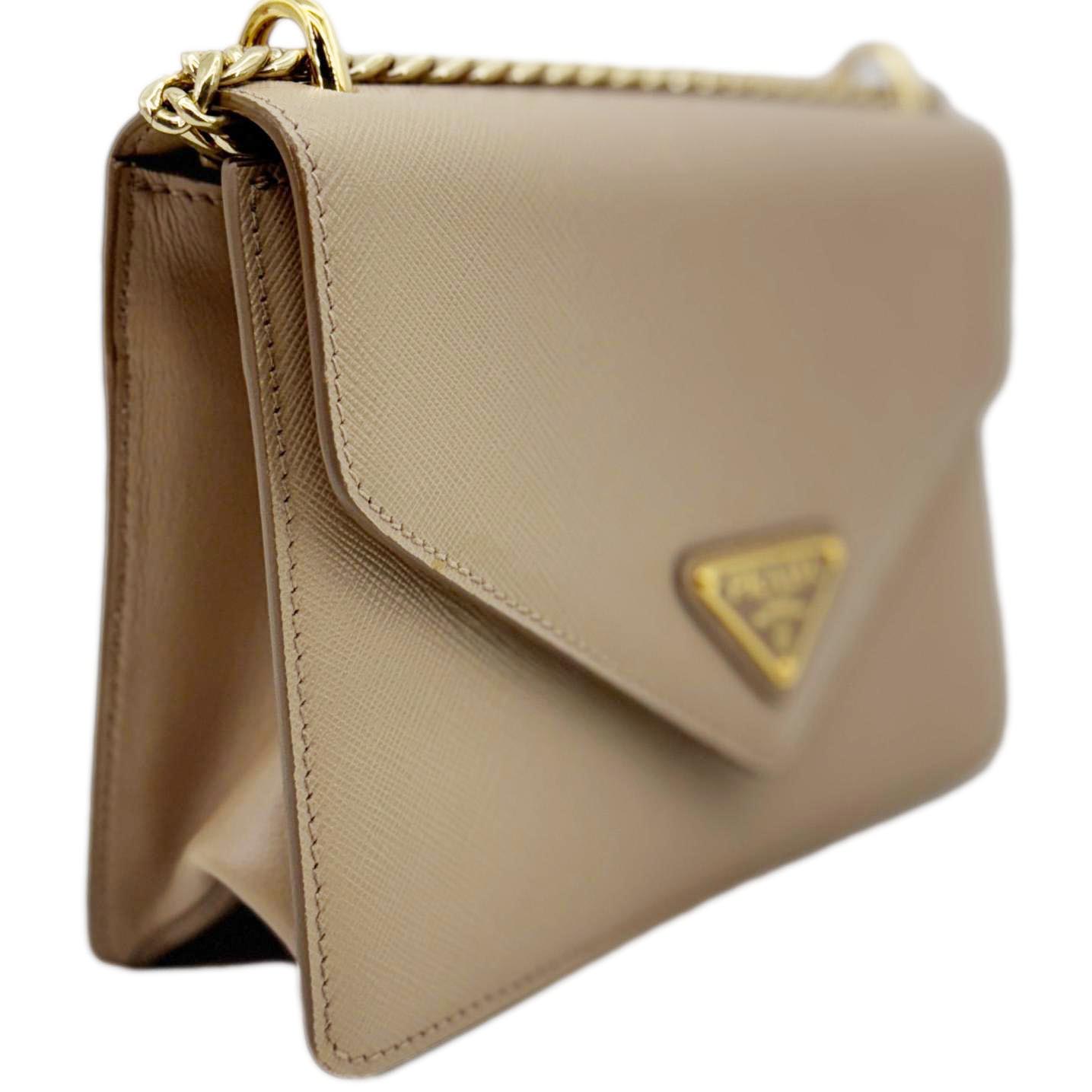 PRADA Metal Triangle Envelope Saffiano Leather Chain Shoulder Bag Beige