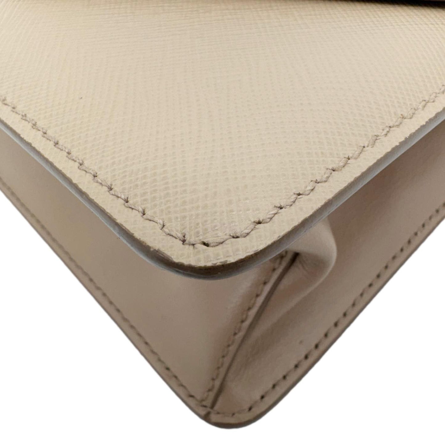 PRADA Metal Triangle Envelope Saffiano Leather Chain Shoulder Bag Beige