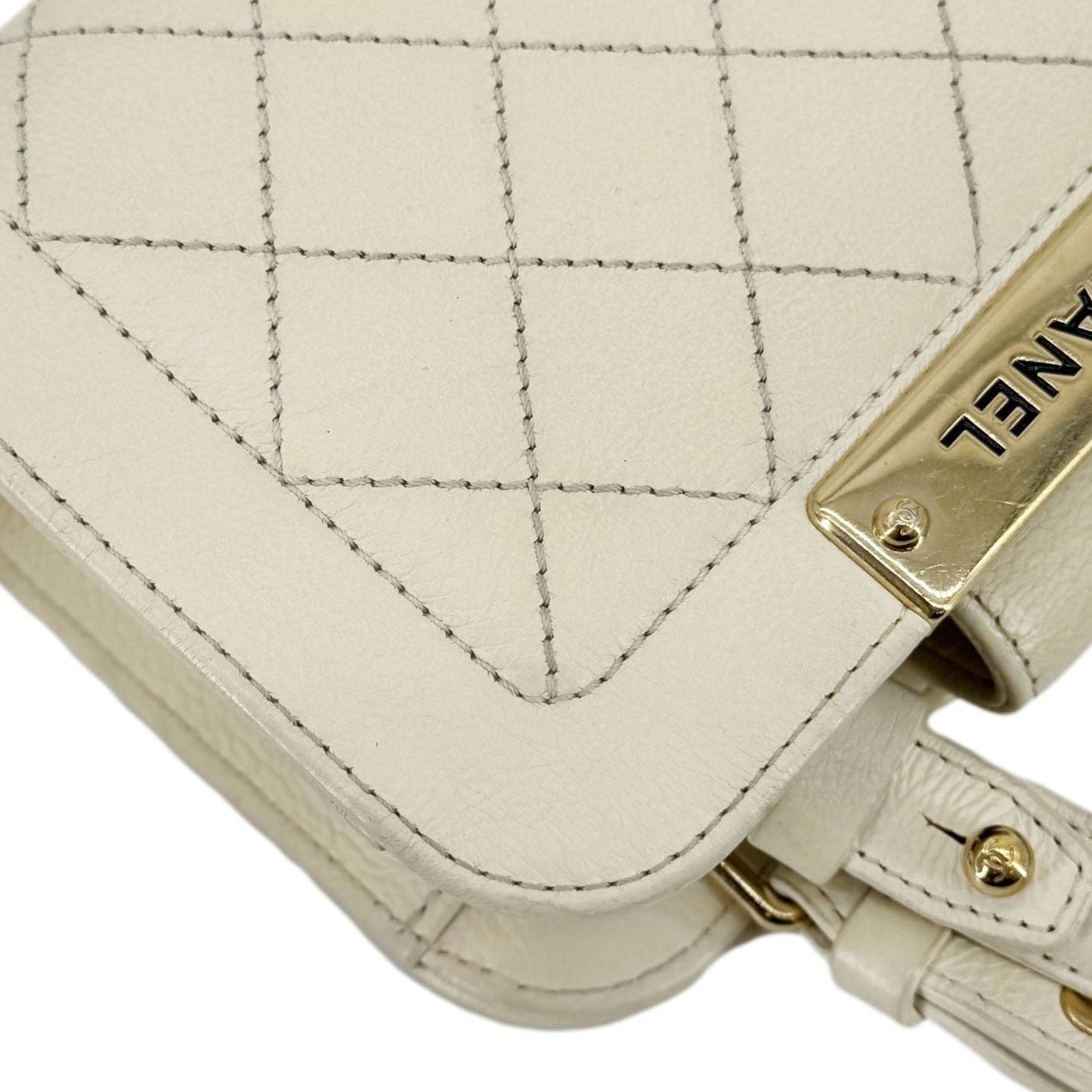 CHANEL Stitched Label Click Mini Quilted Leather Shopper Tote Cream
