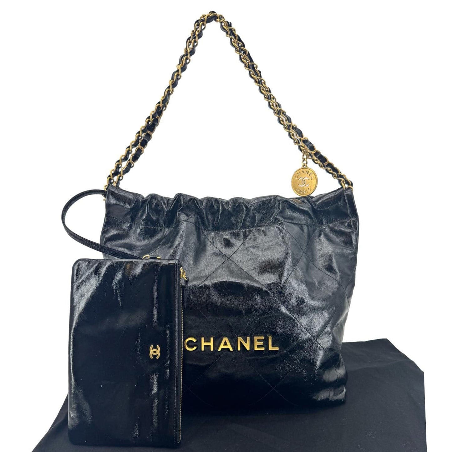 CHANEL 22 Quilted Calfskin  Shiny Leather Shoulder Bag Black