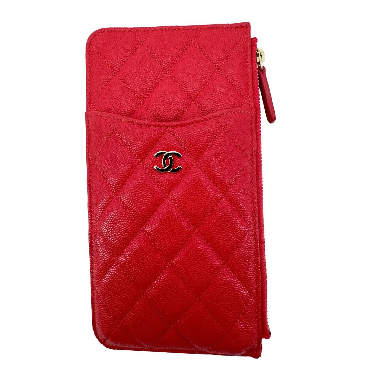 CHANEL Classic Flat Quilted Caviar Leather Wallet Pouch Red