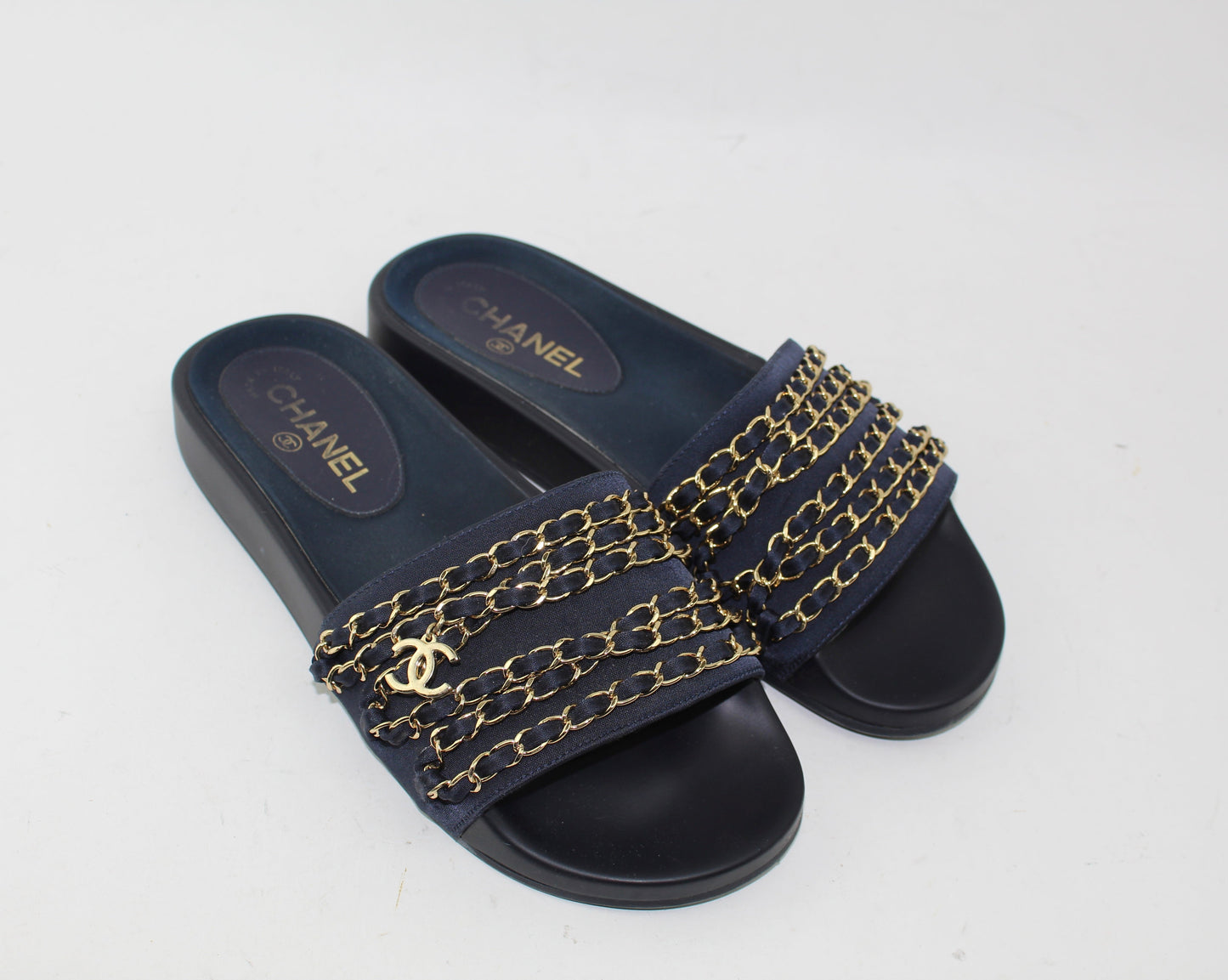 Chanel Satin Chain Slides Size 39