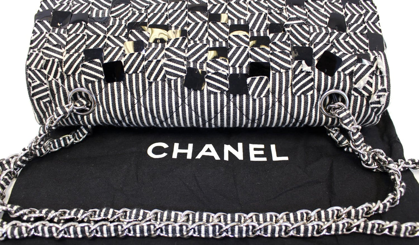 CHANEL Black/White Striped Medium Flap Shoulder Bag - Sale