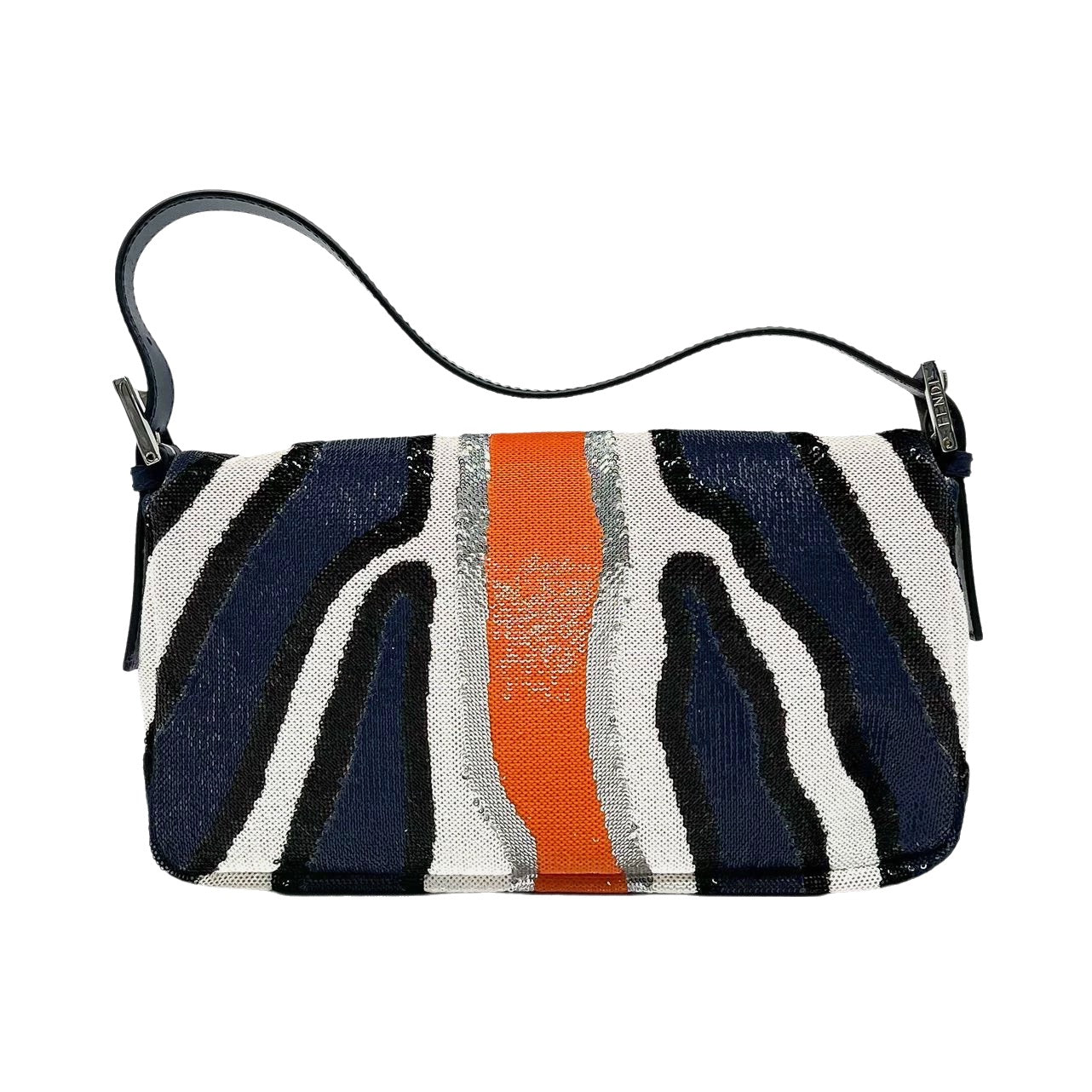 FENDI Baguette Zebra-Stripe Sequin Blue Orange White