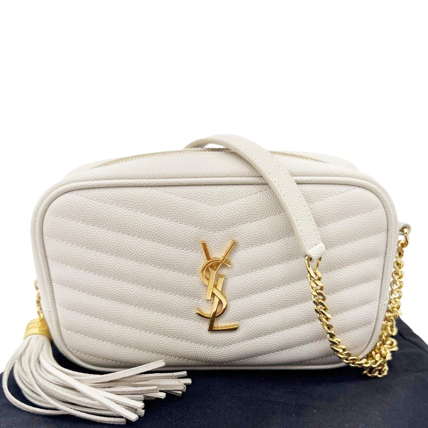 YVES SAINT LAURENT Lou Mini Chevron Leather Camera Crossbody Bag Off White
