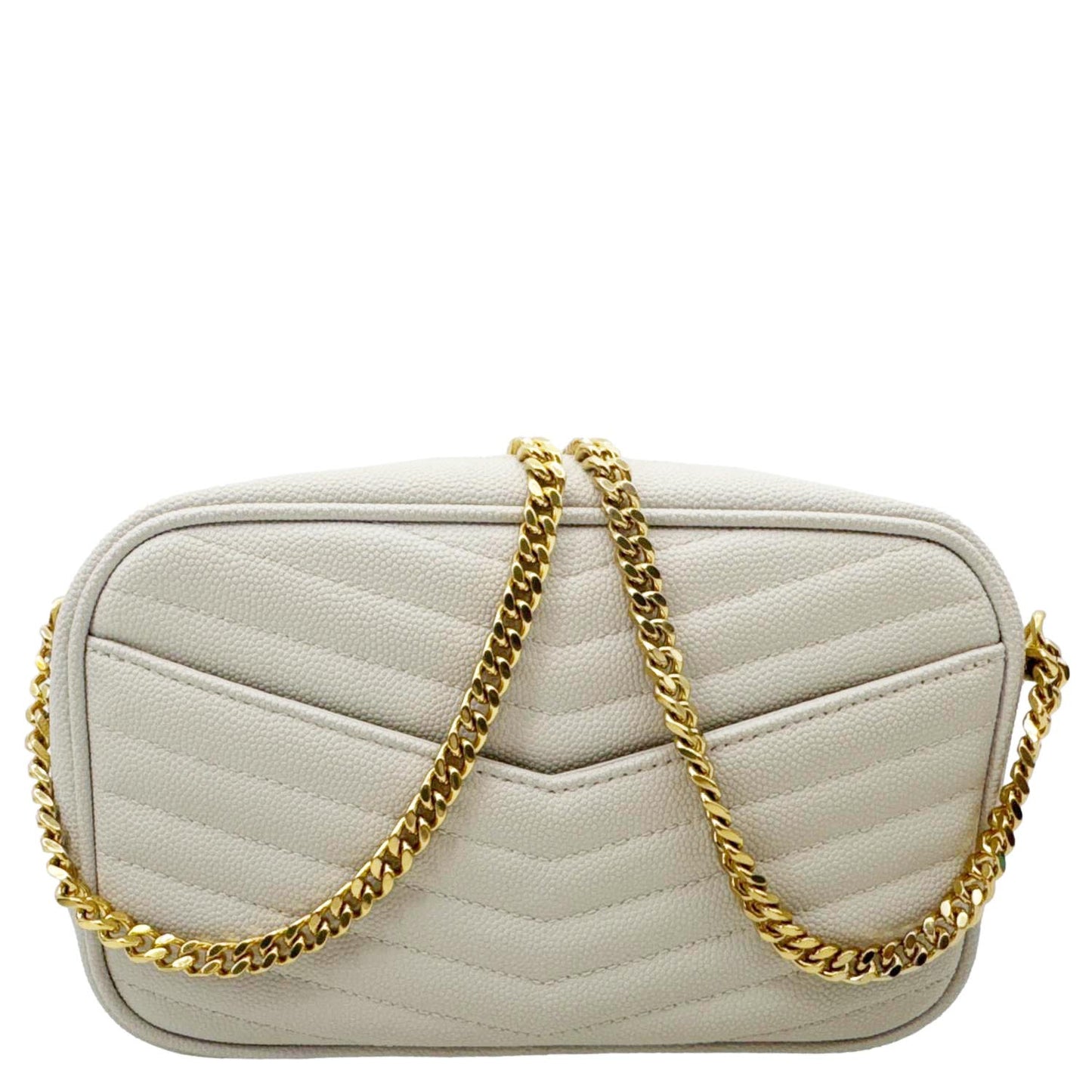 YVES SAINT LAURENT Lou Mini Chevron Leather Camera Crossbody Bag Off White