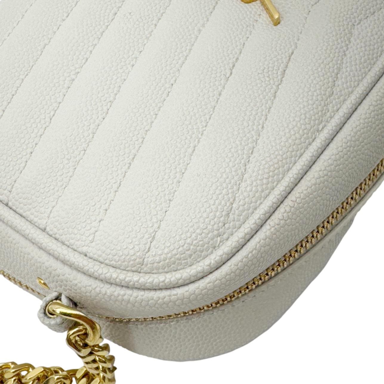 YVES SAINT LAURENT Lou Mini Chevron Leather Camera Crossbody Bag Off White