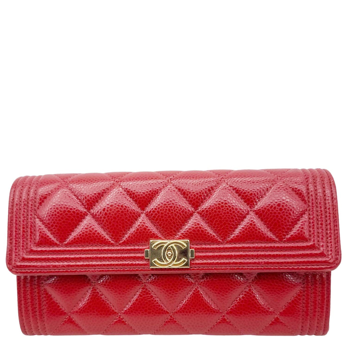 CHANEL Boy Flap Large Quilted Caviar Leather Wallet Red