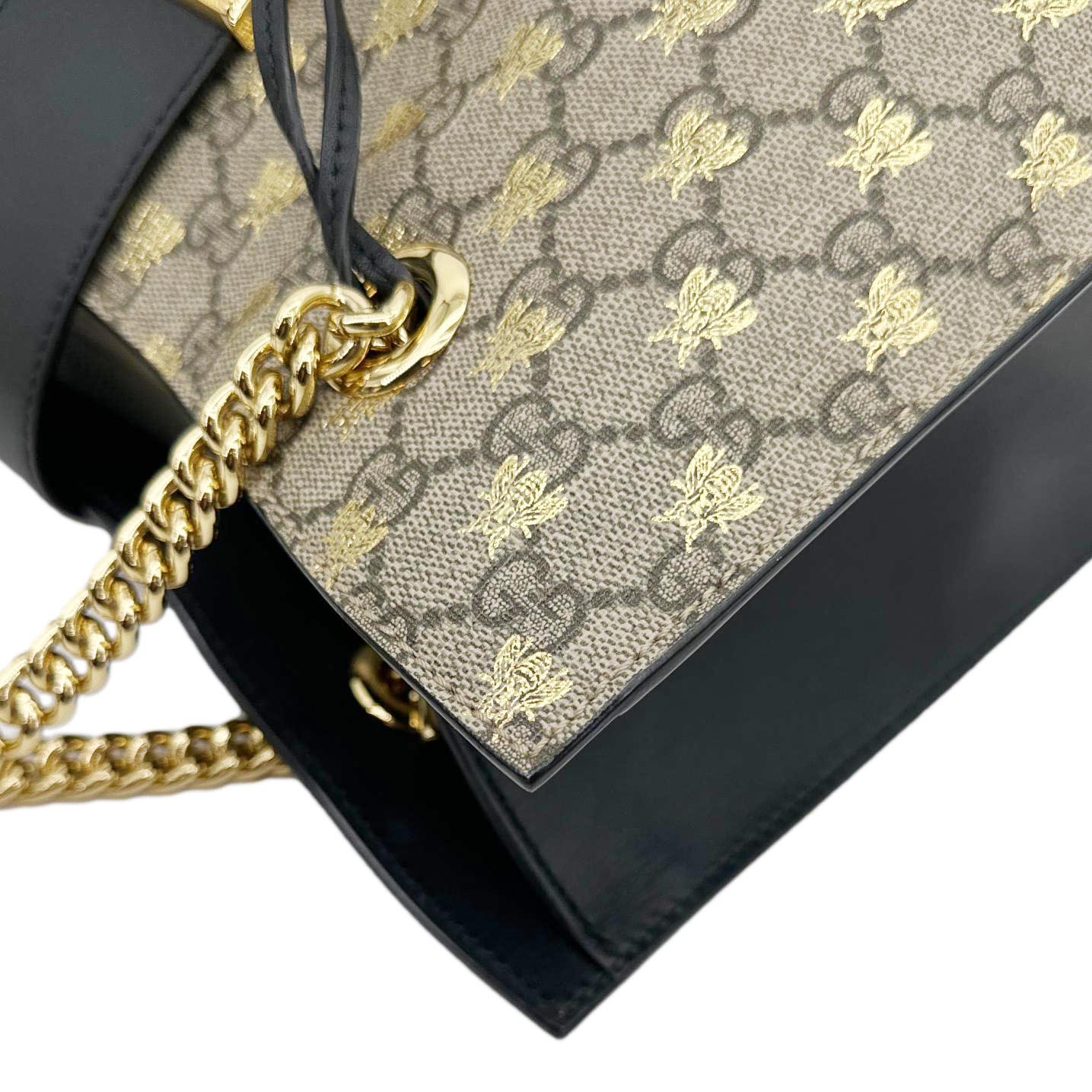 GUCCI Padlock Medium GG Supreme Monogram Bees Canvas Shoulder Bag Beige 479197
