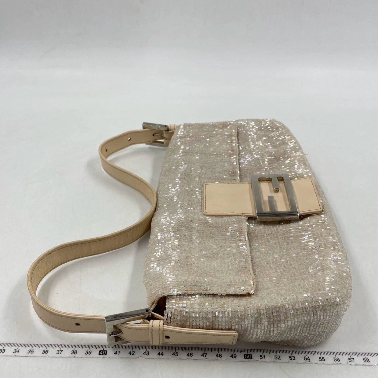 Fendi Baguette Glittering Waterfall Beads Cream Shoulder Bag