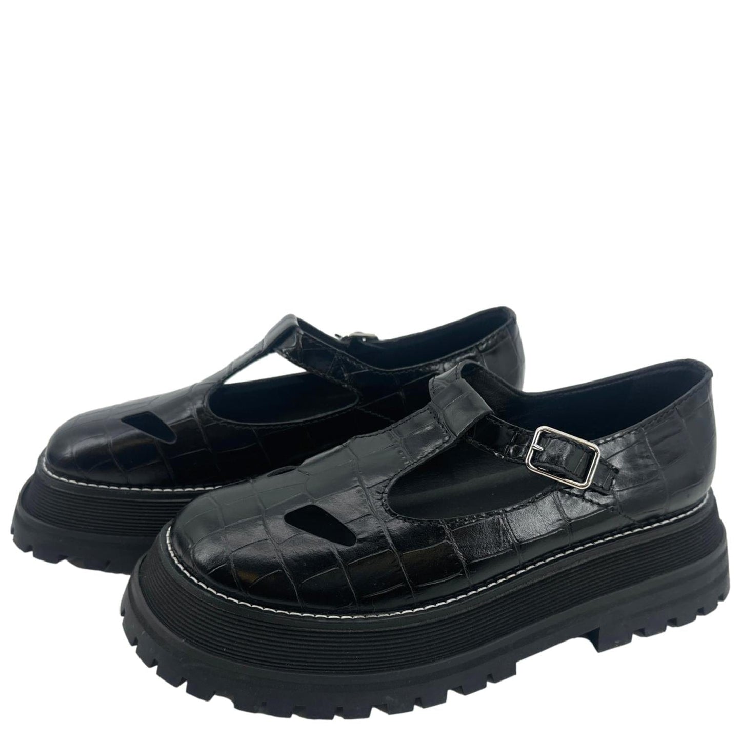BURBERRY Aldwych T Bar Embossed Leather School Shoes Black