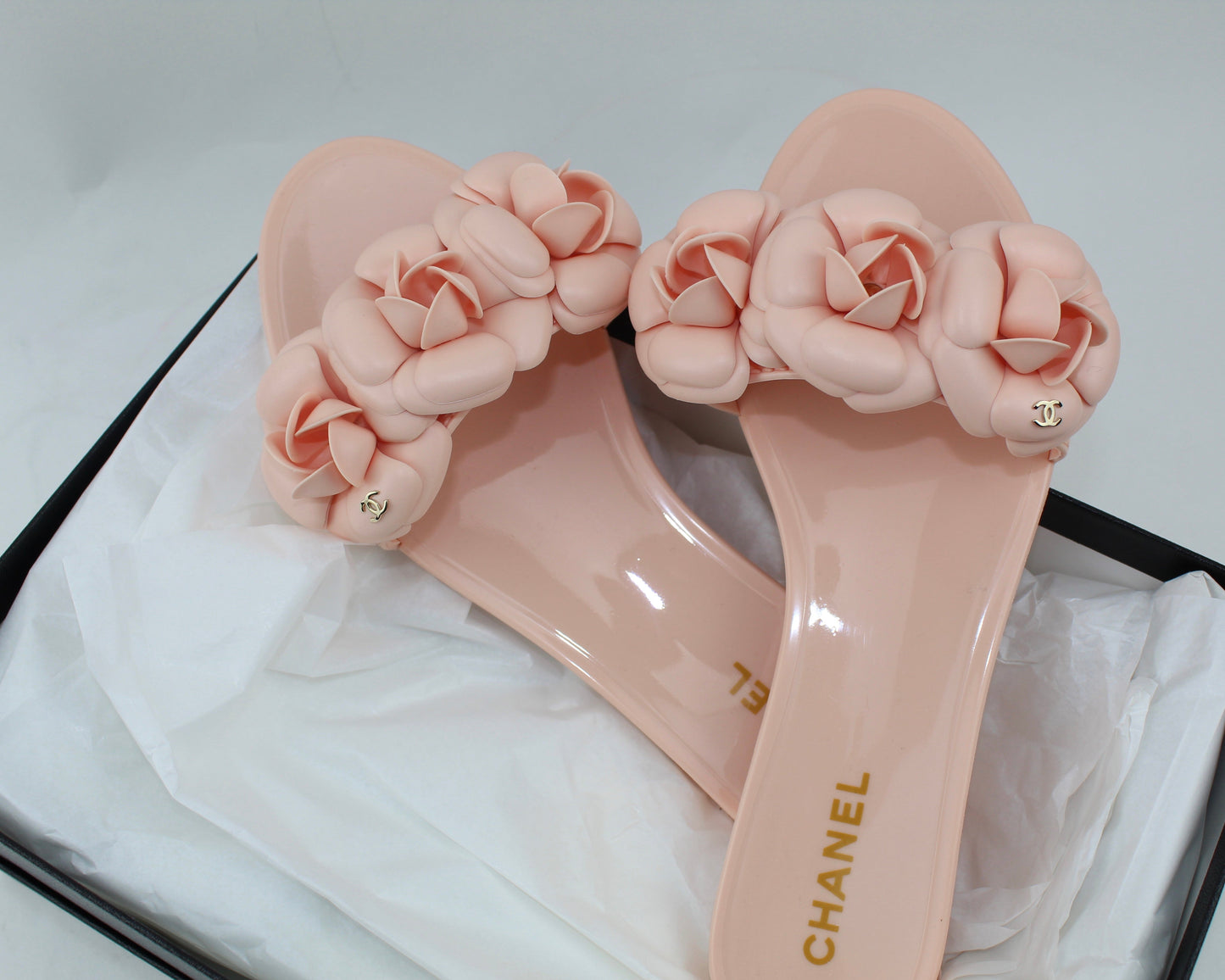 Chanel PVC Slides with Camellia Flowers