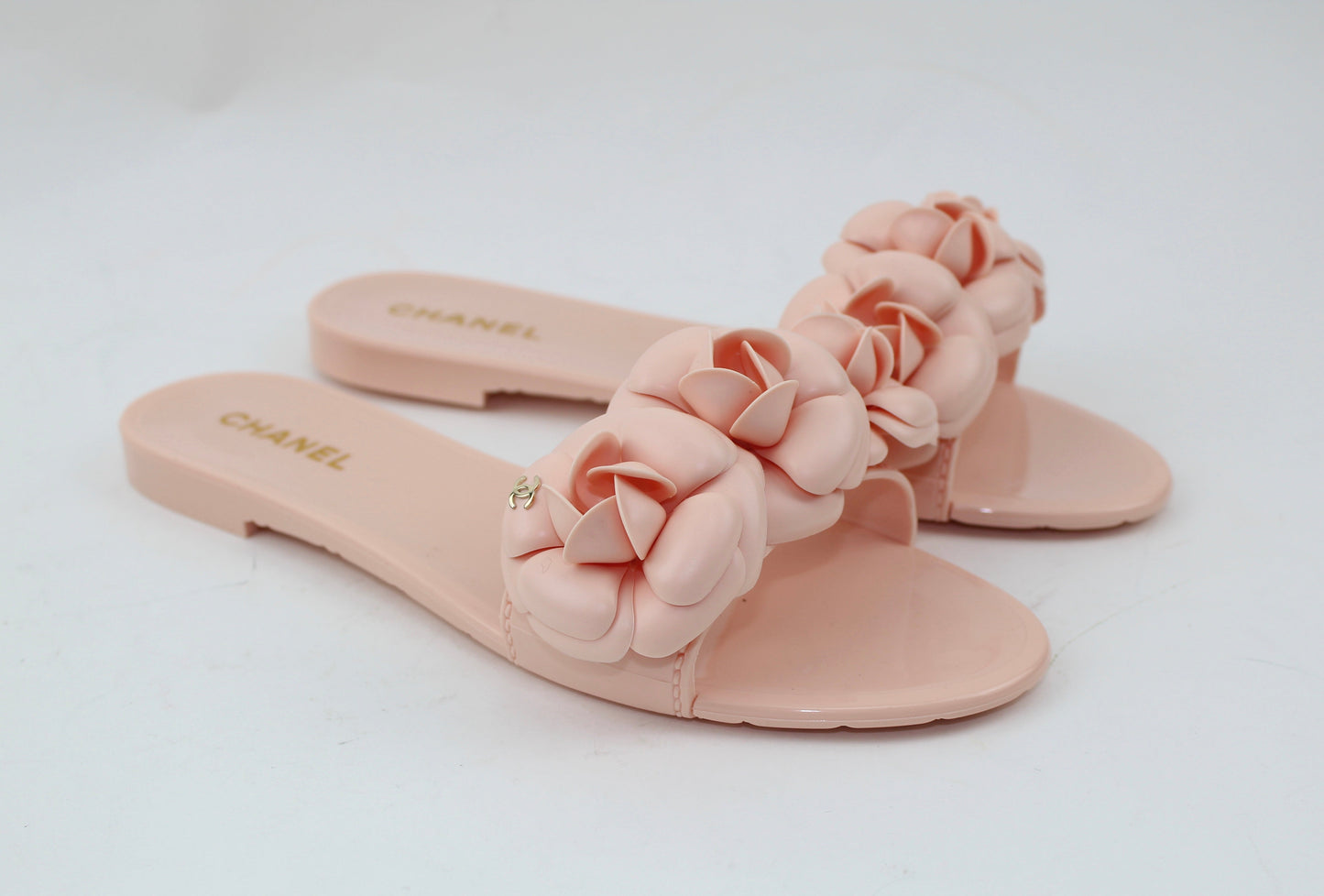 Chanel PVC Slides with Camellia Flowers