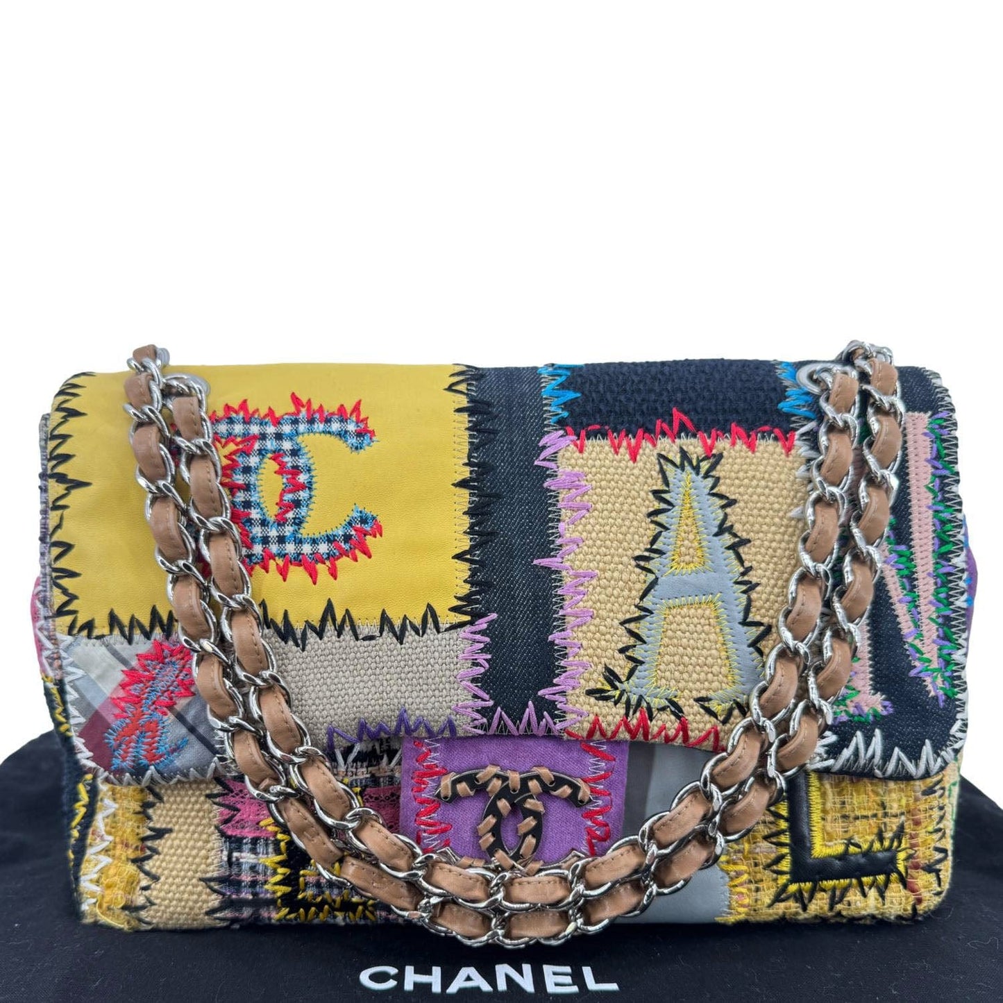 CHANEL Single Flap Jumbo Patchwork Tweed Crossbody Bag Multicolor