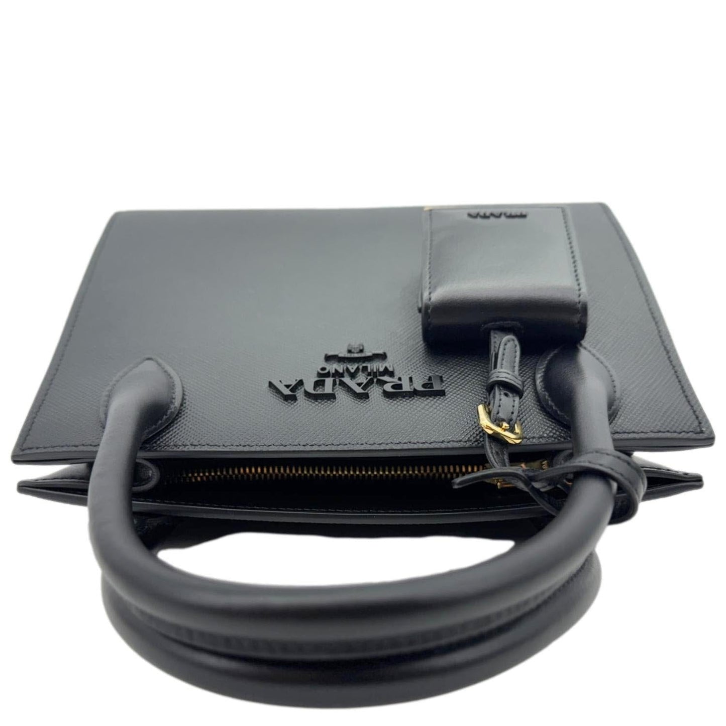 PRADA Monochrome Small Calfskin Saffiano Leather Top Handle Tote Black