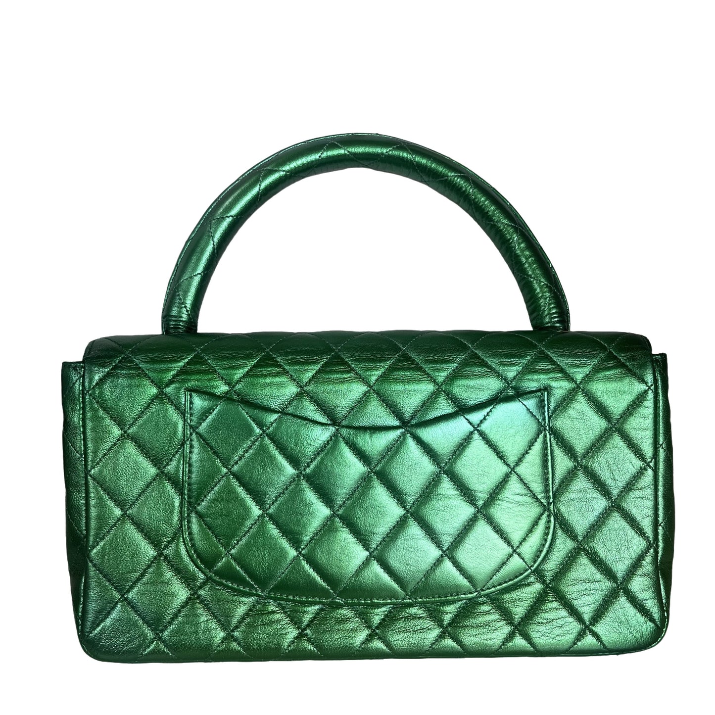 Chanel 1994 Classic Flap Kelly Top Handle Bag Medium Metallic Green Lambskin Leather