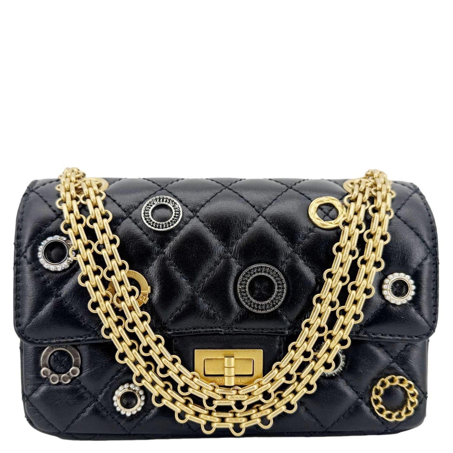 CHANEL Reissue 2.55 Crystal Charms 225 Flap Quilted Leather Crossbody Bag Black