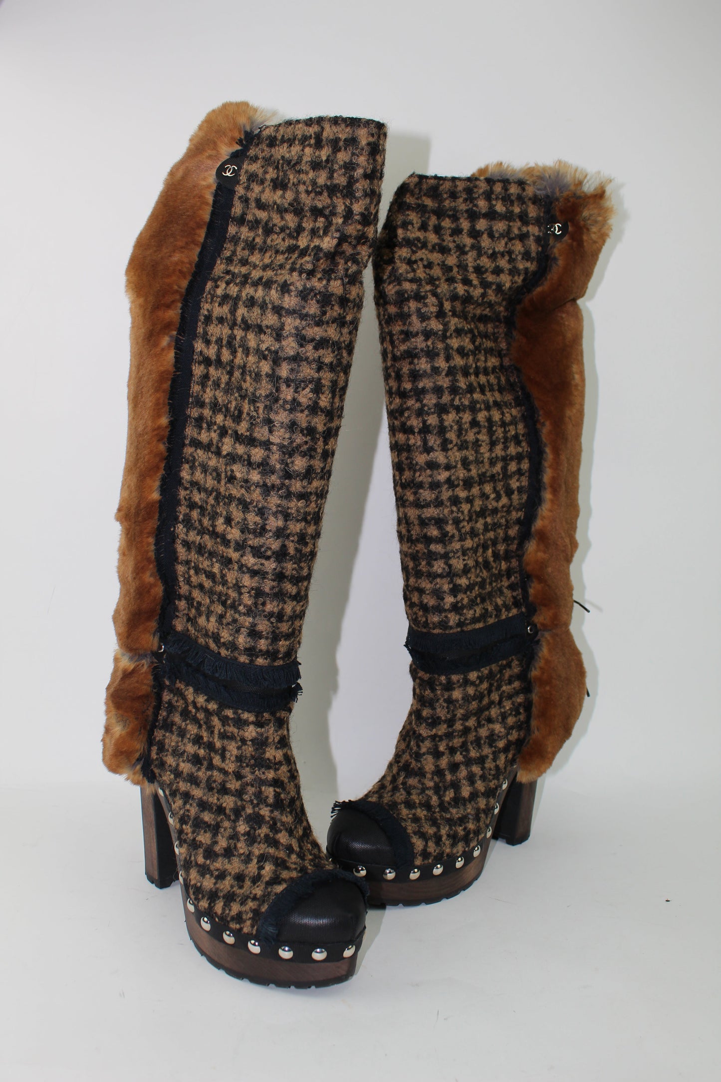 CHANEL FANTASY RABBIT FUR TWEED  BOOTS