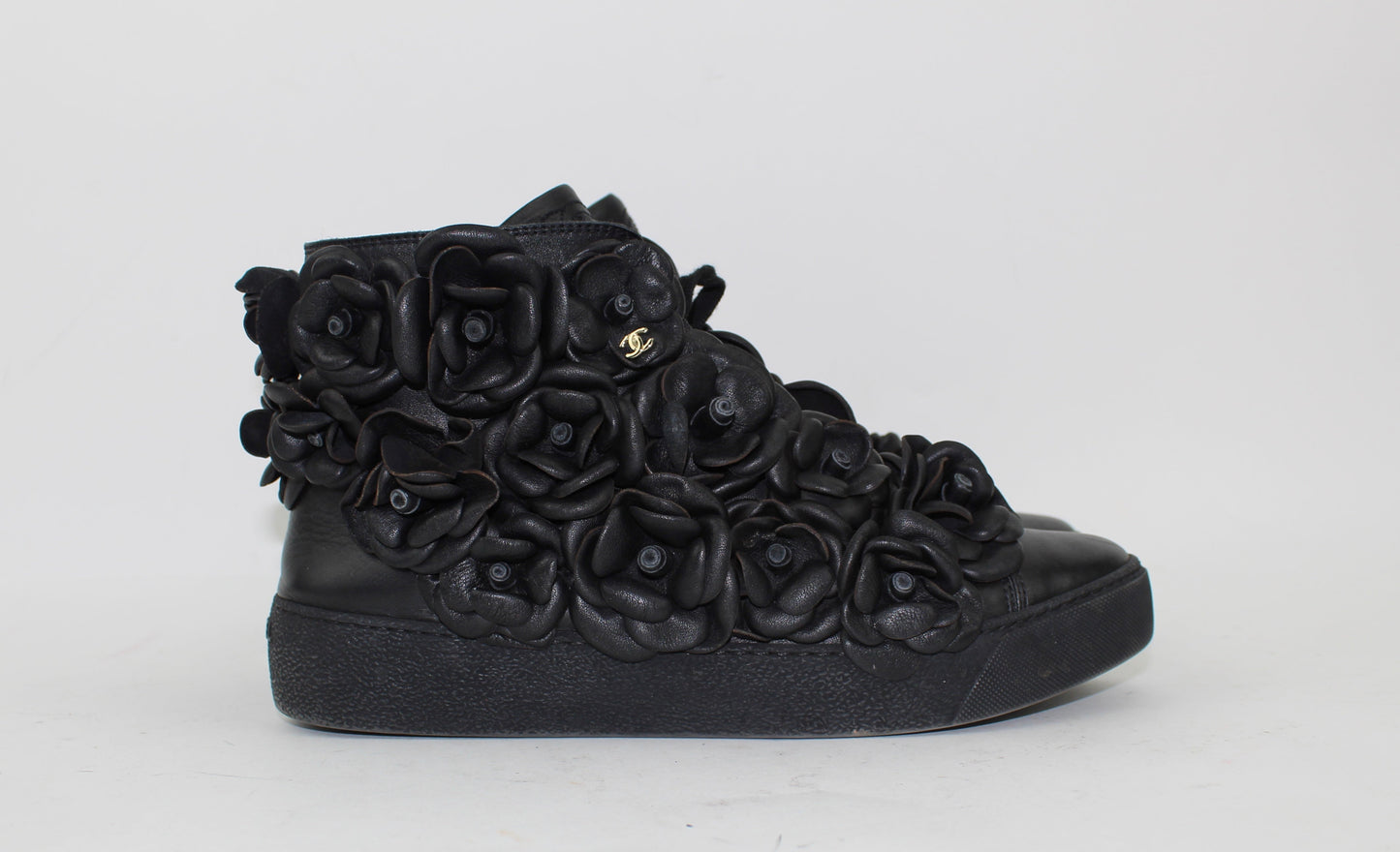 CHANEL CALFSKIN CAMELLIA HIGH TOP SNEAKERS