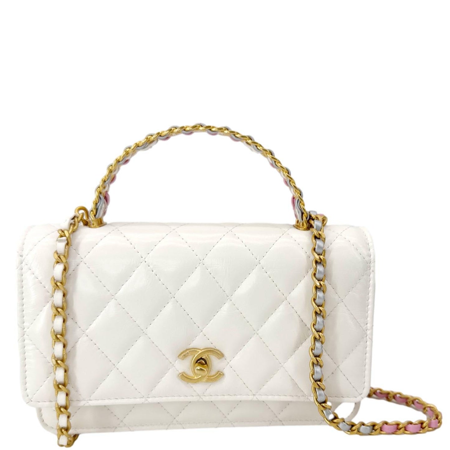 CHANEL Top Handle Multicolor Quilted Leather Crossbody Wallet On Chain White