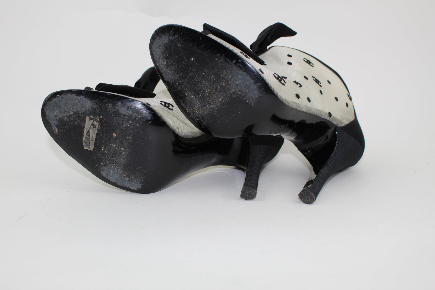 CHANEL BLACK 'CC' MESH OPEN TOE BOWTIE BOOTIES