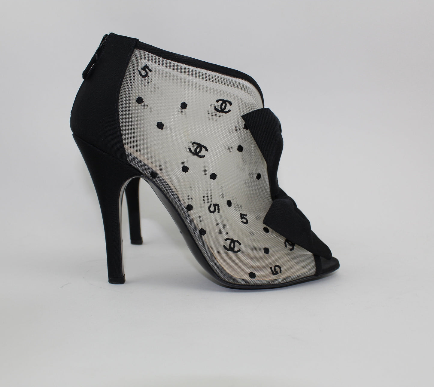 CHANEL BLACK 'CC' MESH OPEN TOE BOWTIE BOOTIES