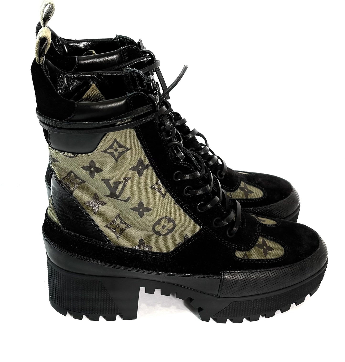 LOUIS VUITTON SUEDE MONOGRAM LAURETTE PLATFORM DESERT BOOTS