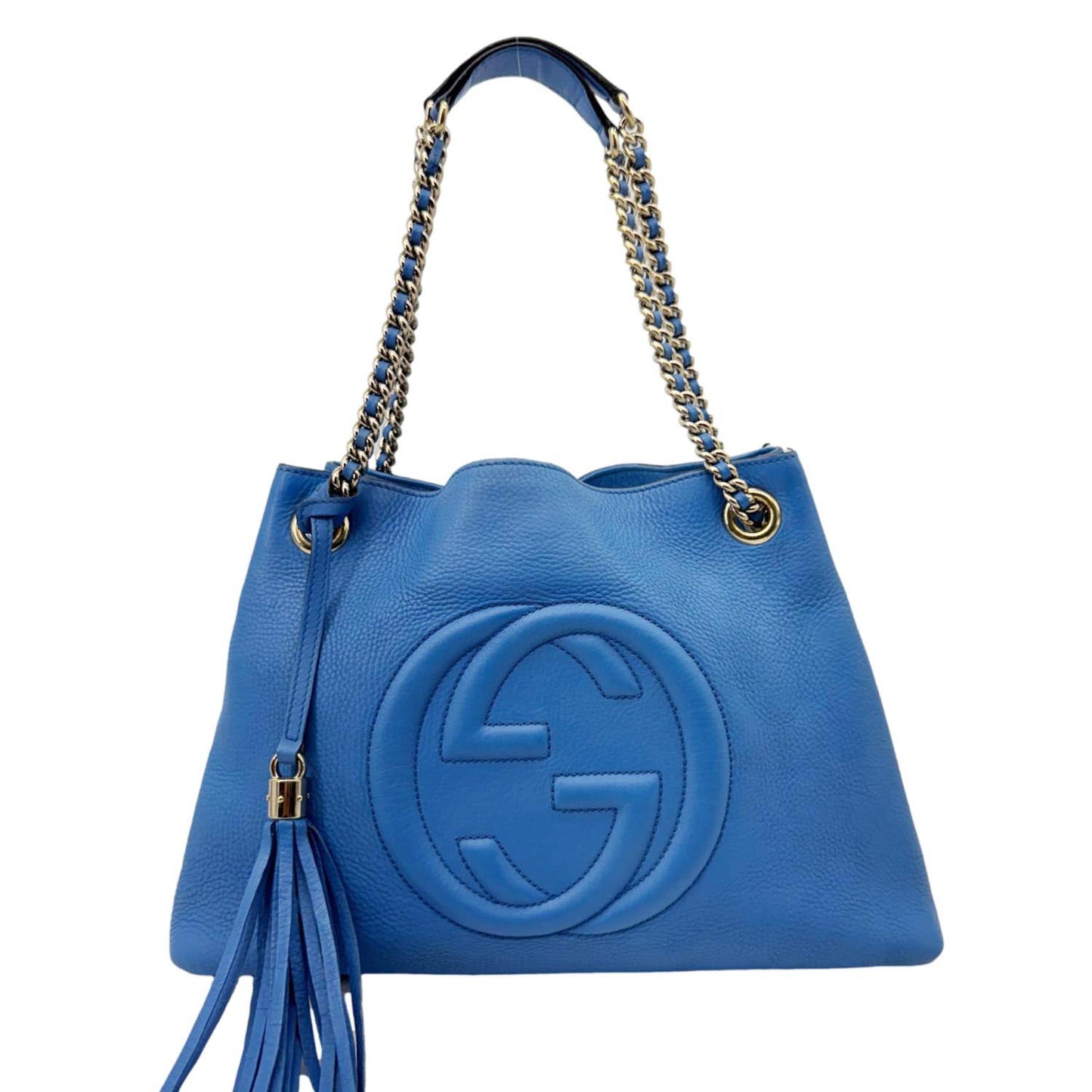 GUCCI Soho Medium Pebbled Leather Shoulder Bag Blue 308982