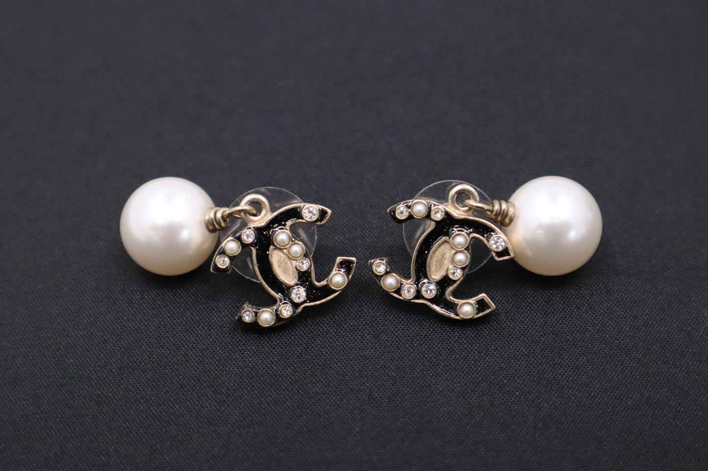 Chanel Black CC Earrings with Pearls
