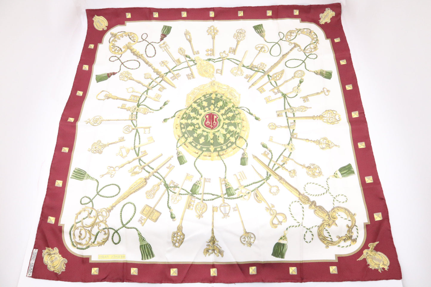 Hermes Les Clefs Carre 90 in Burgundy & Cream Silk